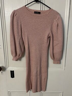 Ribbed Puff-Sleeve Knit Dress - Light Pink